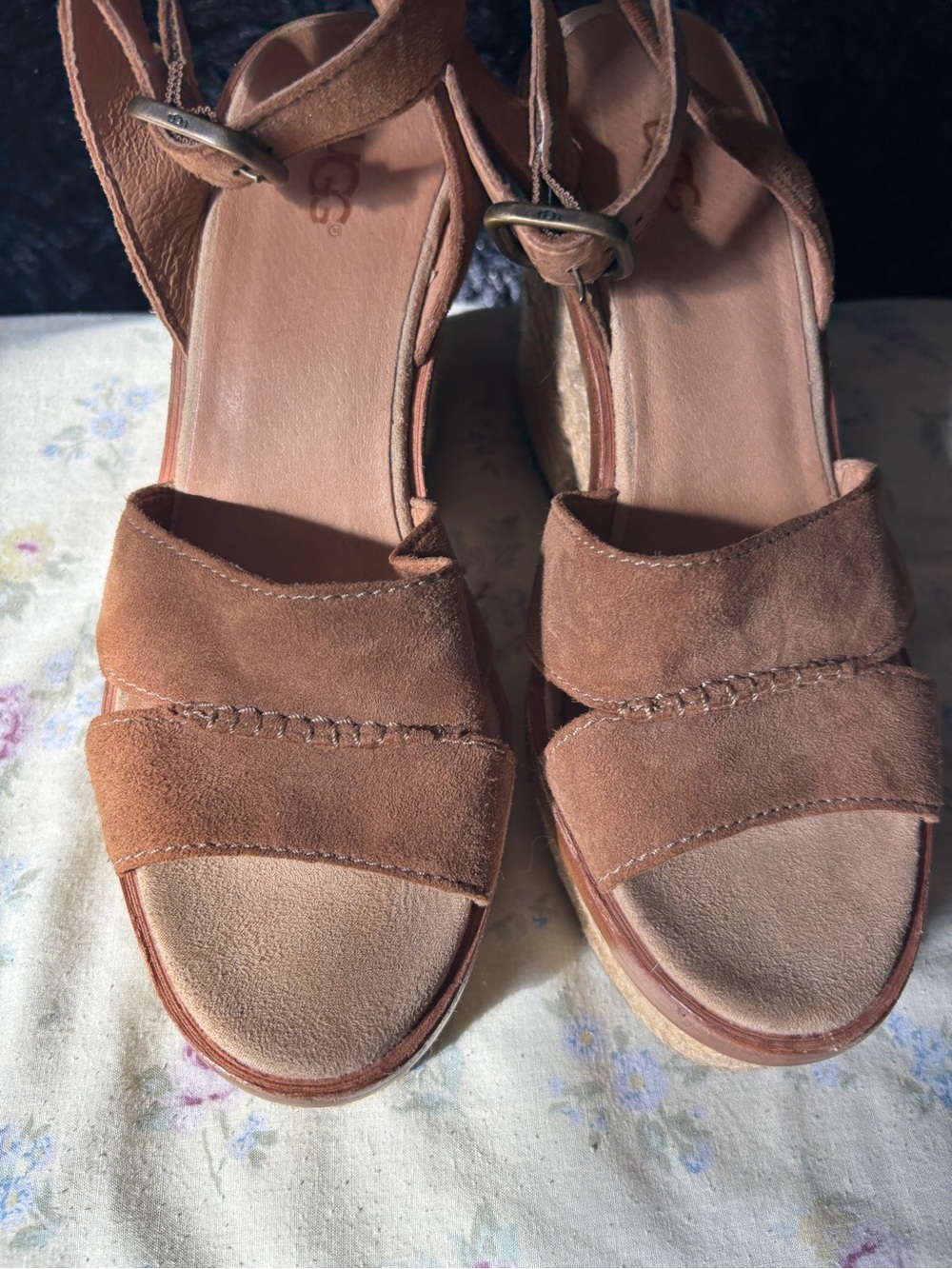 UGG Tan Suede Open-Toe Wedge Sandals